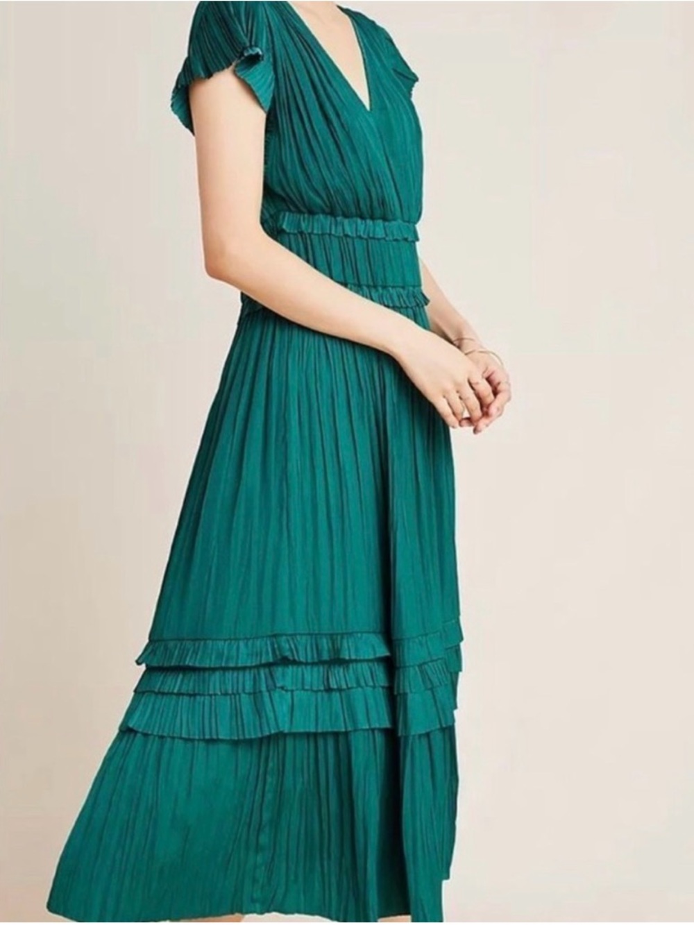 Current Air Teal Pleated V-Neck Midi Dress